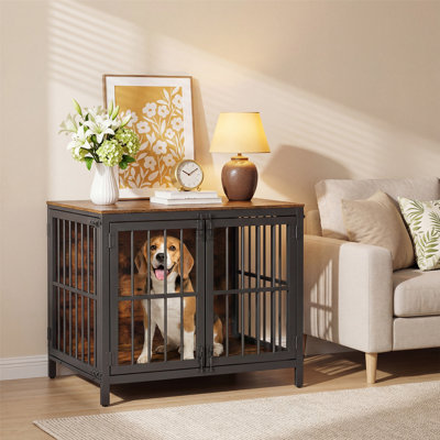 Mobilier de cage robuste pour chien, chenil d'intérieur en bois avec 3 portes, cage en métal résistant au mâchonnage pour les petites et moyennes races, table d'appoint pour cage de chien