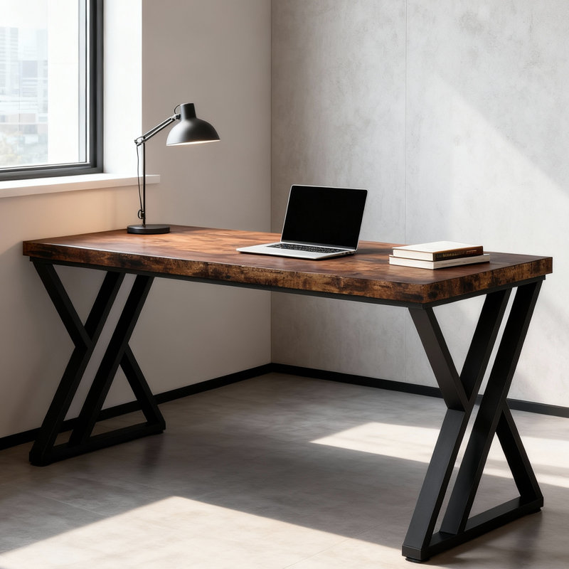 55" Modern Farmhouse Home Office Desk with Heavy-Duty Metal Frame, Premium High-End Furniture, Brown