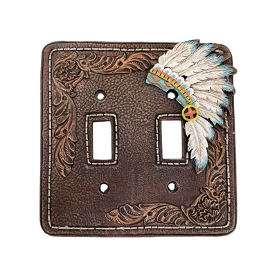 Polyresin Tooled Leather Feather Headdress 2-Gang Light Switch Wall Plate / Switch Plate / Cover