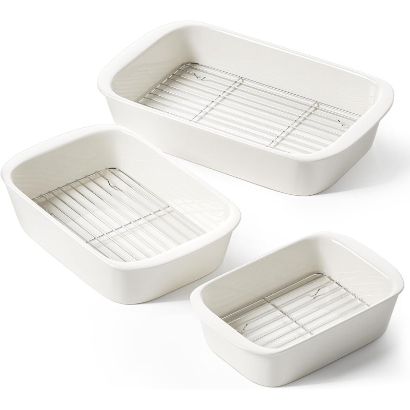 Deep Casserole Dishes For Oven, 13.7”X9.6” Ceramic Baking Dish Set With Roasting Racks, Large Lasagna Pans With Handles, Rectangular Bakeware As Gift, White (4.6QT/3.0QT/1.6QT), Set Of 3