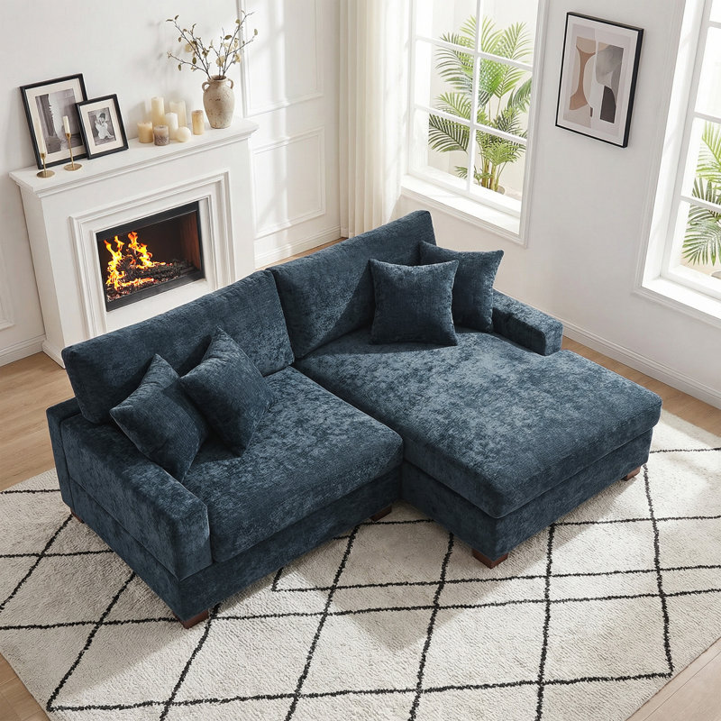 2 - Piece Upholstered Blue Chenille Modular Sectional Sofa with Armrests & Throw Pillows, Right Hand Facing, Blue Chenille