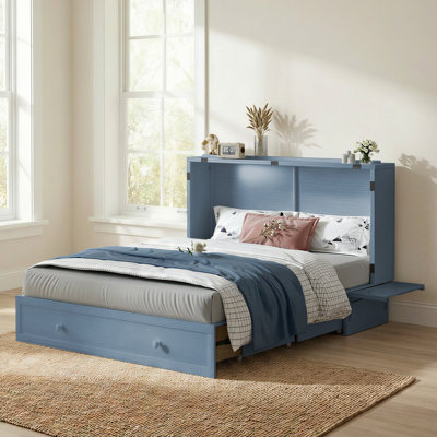 Queen Murphy Bed Chest With Large Storage Drawer & Charging Station, Blue
