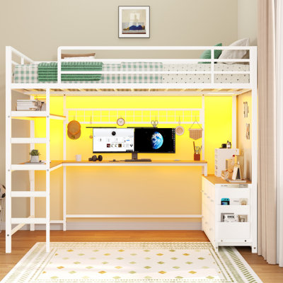 Full Size Metal Loft Bed with U-Shaped Desk for Teens & Adults, No Box Spring Needed, 7 Storage Drawers, Charging Station, RGB LED Lights, 13" Safety Guardrails & Ladder
