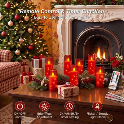 Paquet de 8 bougies sans flamme à DEL rouges avec télécommande et minuterie, fausses bougies en acrylique scintillantes, guirlandes d'étoiles intégrées, bougies à piles sans flamme pour Noël, décoration de mariage d'Halloween, cadeau des Fêtes