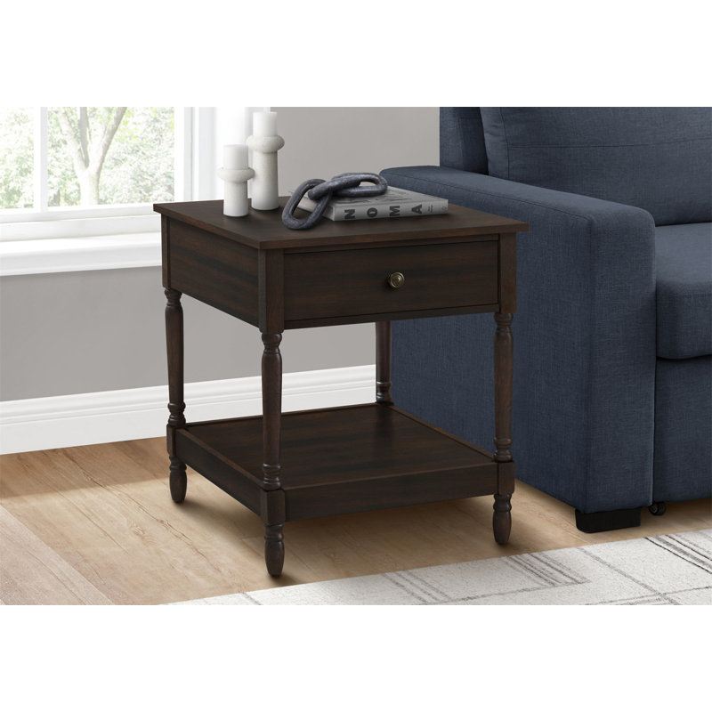 Table d'appoint, 2 niveaux, table de bout, table d'appoint, carré, table de chevet, chambre à coucher, lampe, placage brun, traditionnel
