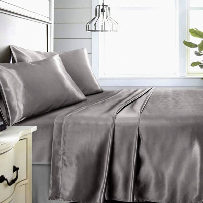 Luxury Silky Grey Queen Bedding Set - 4 Piece Deep Pocket Sheets, Wrinkle & Stain Resistant, Fade Proof, Includes Fitted Sheet, Flat Sheet, 2 Pillowcases