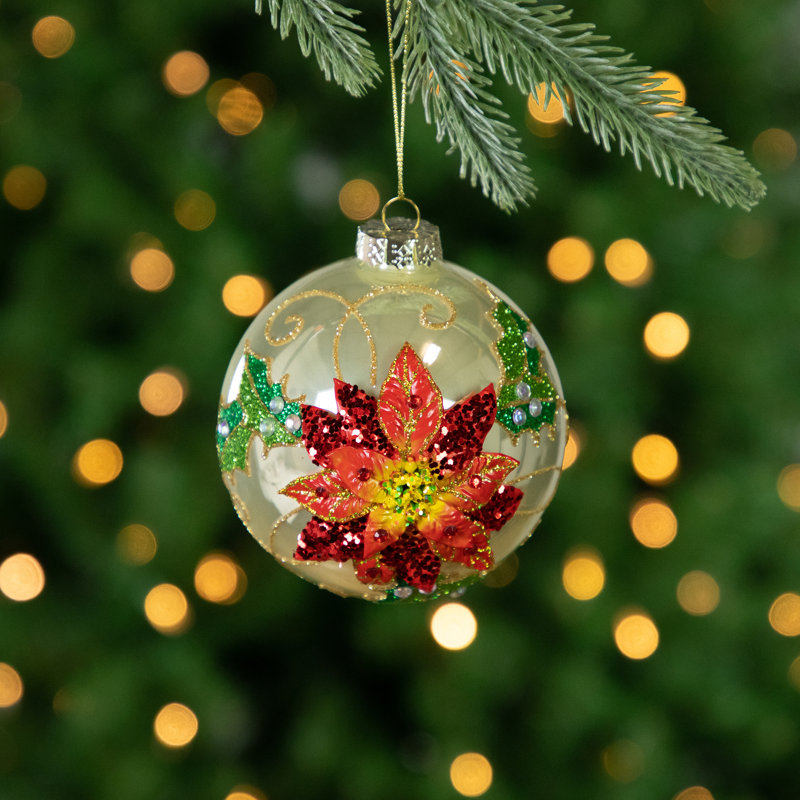 4" Red and Gold Glittered Poinsettia Glass Christmas Ornament
