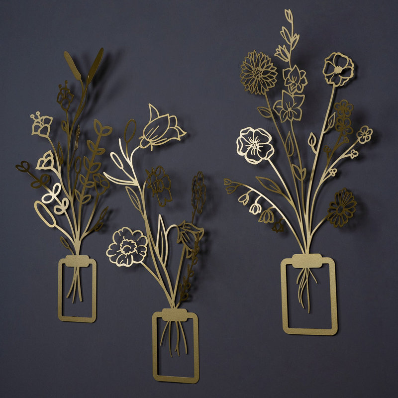 3D Flower Metal Wall Decor Set, Gold