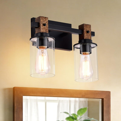Luminaires de salle de bain Farmhouse, luminaire de meuble-lavabo blanc à 2 lumières avec abat-jours cylindriques en verre transparent, applique murale en métal noir et bois rustique, base E26 pour meuble-lavabo, couloir, chambre à coucher, salle d'eau