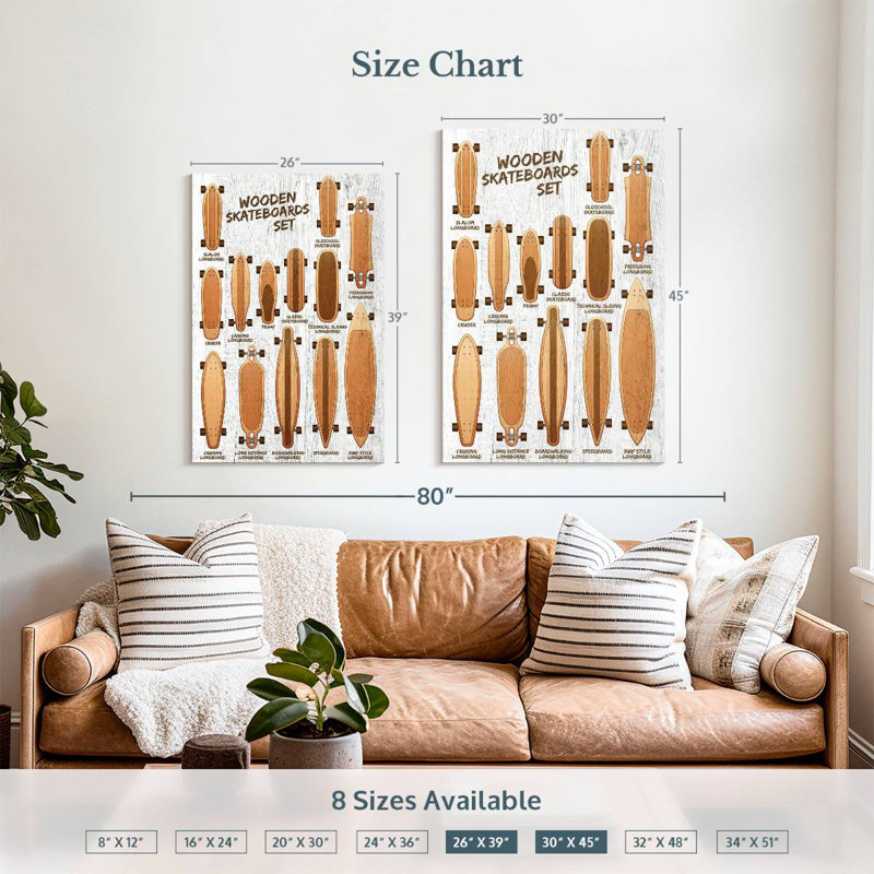 Senne Wood Skateboards Chart, 39" H x 26" W