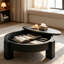 Table basse ronde de 84 cm avec rangement dissimulé, plateau en placage de bois de style wabi-sabi moderne, table centrale robuste à 3 pieds pour salon et petits espaces