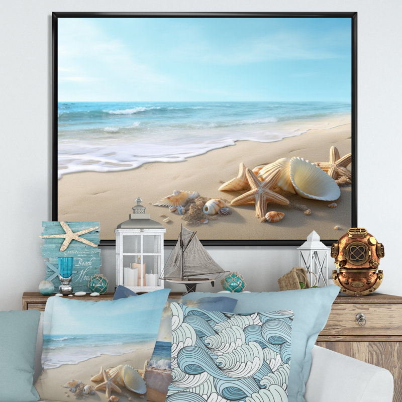 Étoile de mer et coquillages IV - impression, H 16 po x l 32 po x P 1 po, Cadre flottant noir
