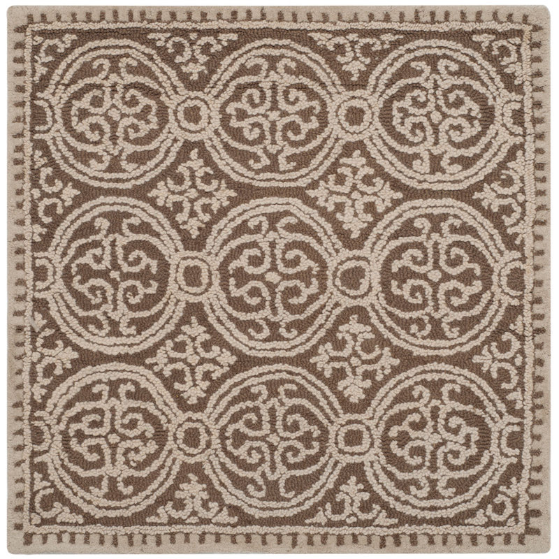 Tapis unique en laine touffeté fabriqué à la main à motif géométrique brun clair Sadik, Carré 10 pi