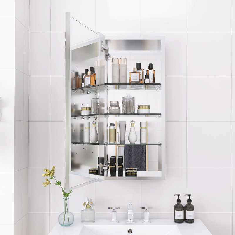 Rectangular Recessed Or Wall Mount Aluminum Frameless Medicine Cabinet Mirror With Adjustable Glass Shelves