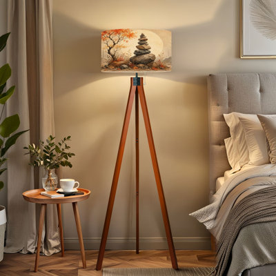  Tripod Standing Lamp Autumn Zen Rock Stack Bare Trees Fall Colors Landscape Remote Controlled Dimmable LED Floor Lamp with Beech Wood Legs & Detachable Linen Shade for Farmhouse Apartment Living Room and Bedroom