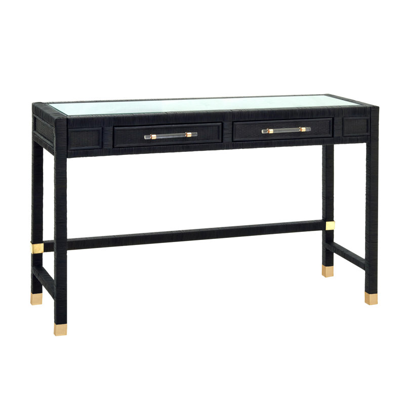 Amara Solid Wood Wicker/Rattan Writing Desk, Black