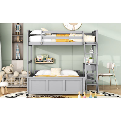 Gray Twin Over Full Bunk Bed With Functional Study Desk - Solid Wood & For Productive Desk, Appeal Craftsmanship Style And Durability