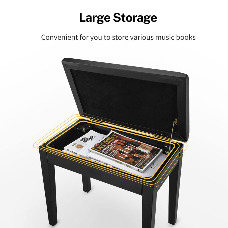 Banc de piano avec rangement, bois et bois, Noir, noir, noir, noir