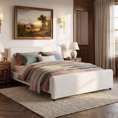 Queen Size White Bouclé Upholstered Platform Bed, Curved Headboard & Rounded Footboard, Solid Wood Slats, No Box Spring Needed