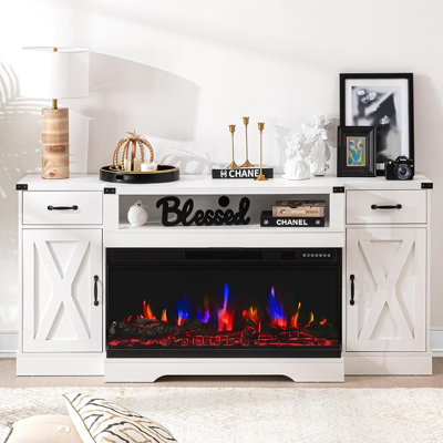Meuble télé Farmhouse, foyer électrique blanc de 36 po avec tablettes réglables, 2 portes et centre de divertissement 3 en 1 pour téléviseur de 75 po ou moins