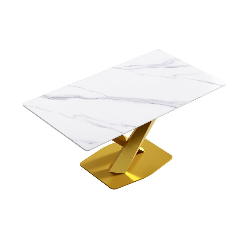 Sintered Stone Dining Table, Gold, White, 29.53” H x 70.9" W x 35.4" D