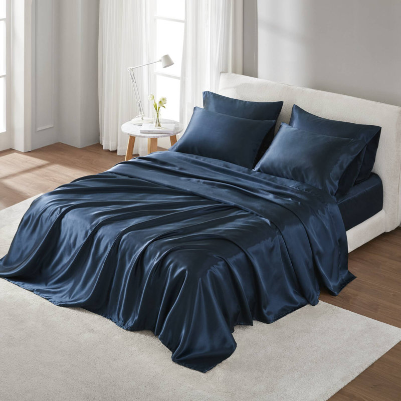 Ensemble de draps et de draps de luxe Luxury Cal, polyester satiné, bleu foncé lisse, idéal pour un sommeil confortable