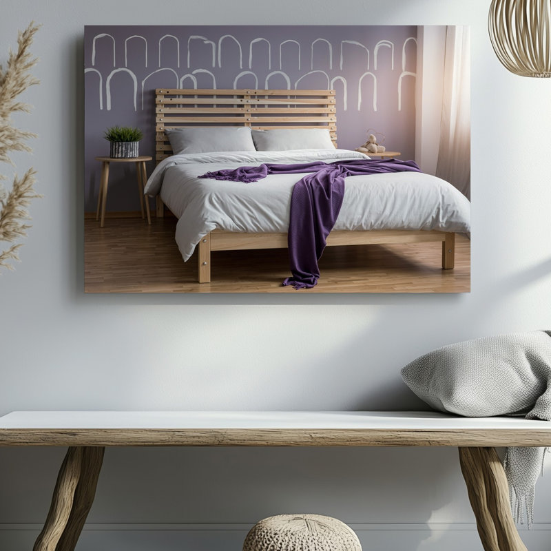 Toile, scène de chambre à coucher confortable avec art mural en bois à lattes de lit orné d'une couette moelleuse de couleur claire et d'un art mural sur toile Deep Bringing