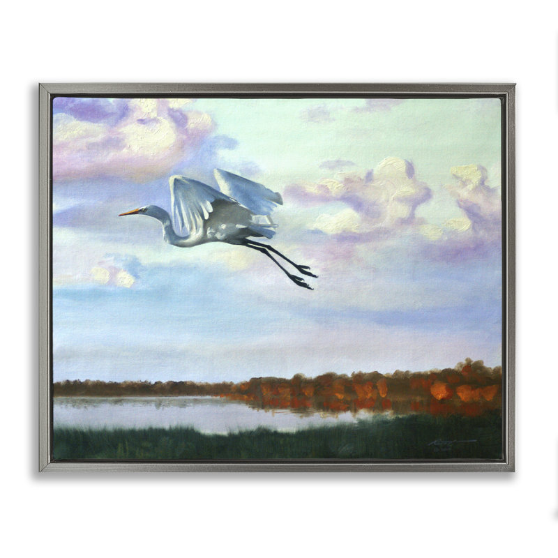 «Egret Over Lake Shore», art mural sur toile par D. Rust, Cadre flottant gris lustré, H 17 po x l 21 po