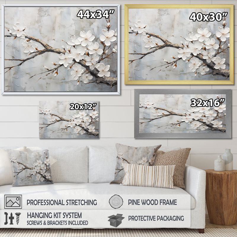 Minimalisme blanc et gris cerisier en fleurs - art mural cerisier en fleurs pour le salon, H 12 po x l 20 po x P 1 po
