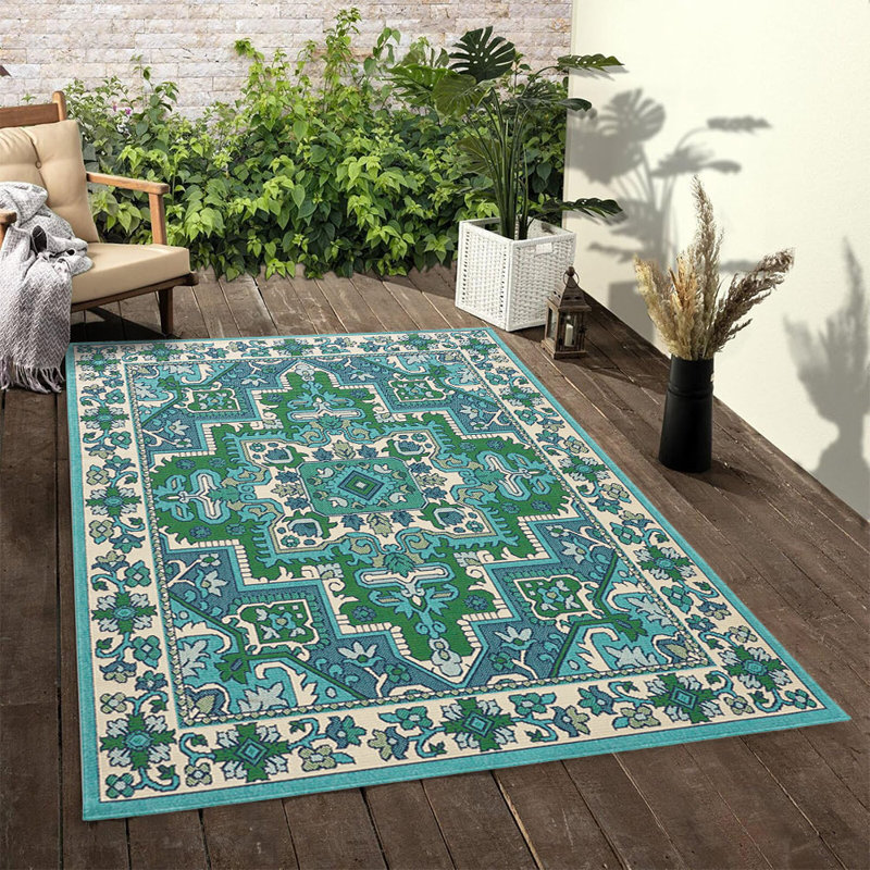 Magnifiques tapis d'intérieur et d'extérieur à motif floral rétro vert et ivoire