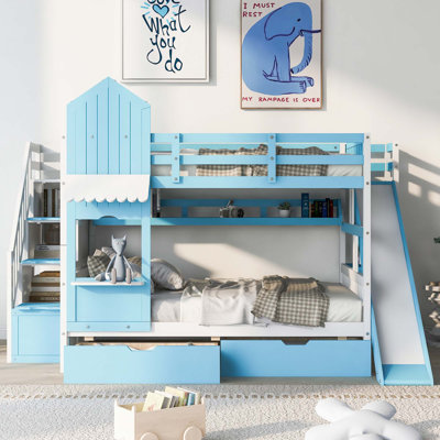 Castle Style Bunk Bed With 2 Drawers 3 Shelves And Slide