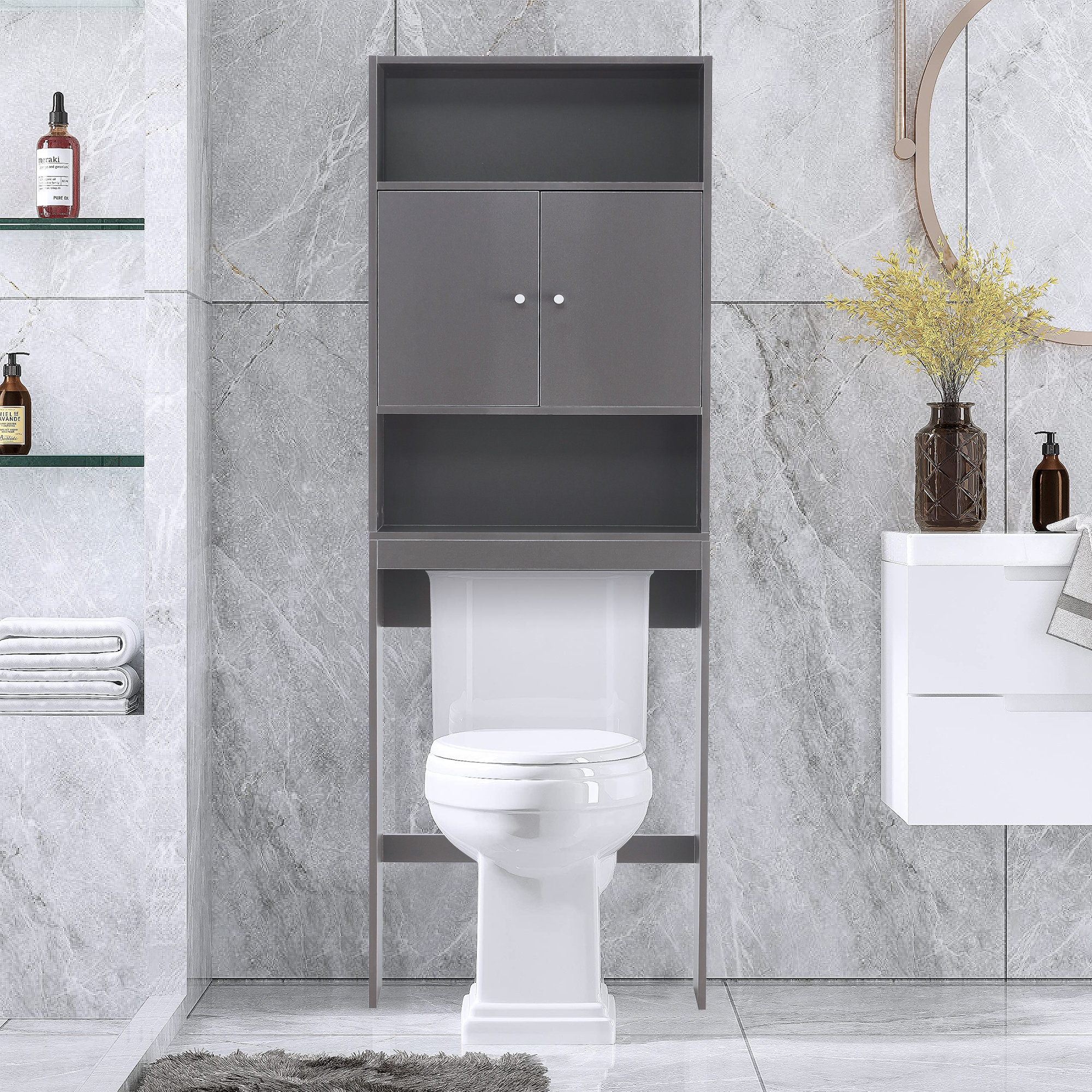 24.8 in. W x 77 in. H x 7.87 in. D Gray MDF Bathroom Over-the-Toilet Storage Cabinet with Doors and Shelves