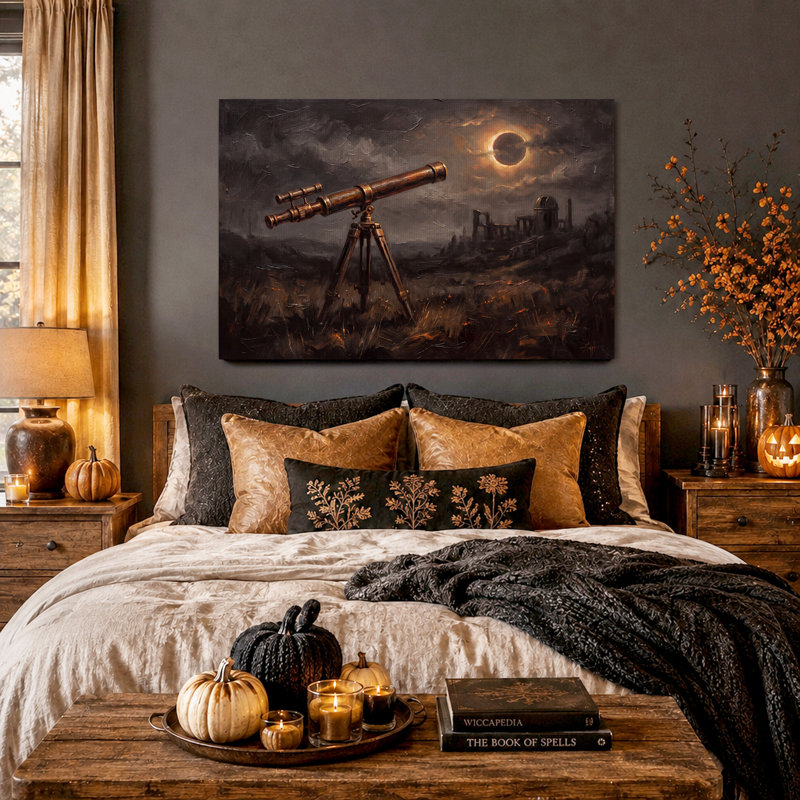 Art mural sur toile, télescope en laiton, visionnement éclipse solaire sur ruines, H 12 po x l 18 po