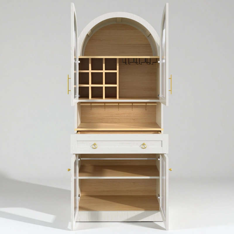 Bar à vin 70 po de hauteur avec portes en verre, support à 9 bouteilles, tiroir et tablettes de rangement, Blanc