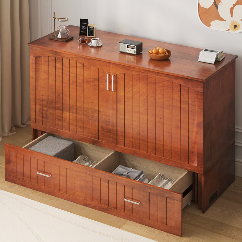 Lit-armoire escamotable en bois massif, grand lit escamotable avec matelas pliant en trois et ports de charge USB, lit d'invité pliable moderne avec grand tiroir de rangement pour le salon, les espaces de chambre à coucher