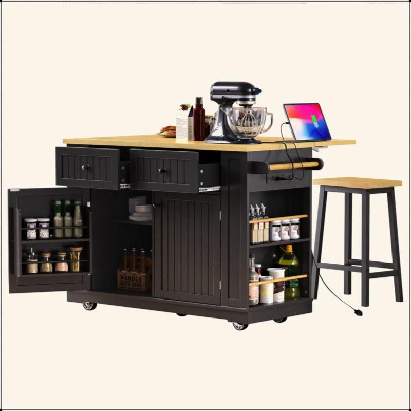 48Inch Large Kitchen Island With 2 Bar Stools, Power Outlet, Door Internal Storage Rack, Kitchen Storage Cart On 5 Wheels With Drop Leaf, 5 Open Side Racks, 2 Drawers,For Kitchen,Dining Room