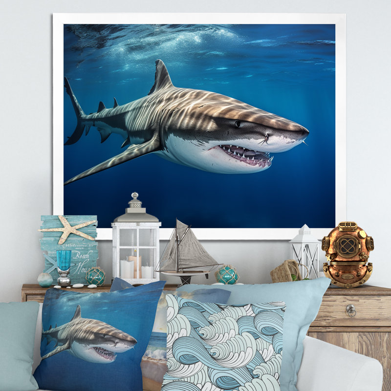 «Tiger Shark Territory I» sur toile, Cadre simple blanc, H 12 po x l 20 po x P 1 po