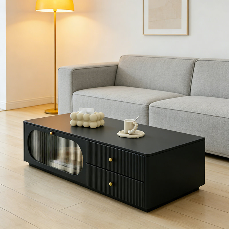 Table basse luxueuse avec rangement en verre, H 13,77 po x L 51,18 po x l 27,55 po