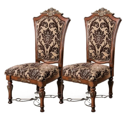 Chaises en bois massif de fantaisie, cerisier brun, sièges en tissu à imprimé floral, détails complexes pour la salle à manger, style cerisier latéral 2 pièces, détails, salle à manger, contemporain