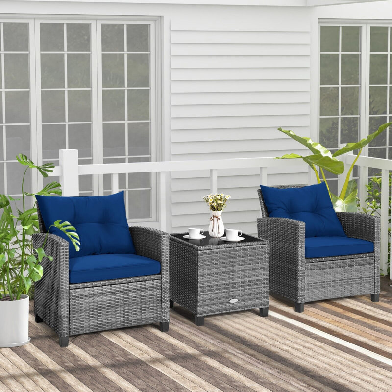Wicker 2 - Person Garden Lounge Set with Cushions, Blue