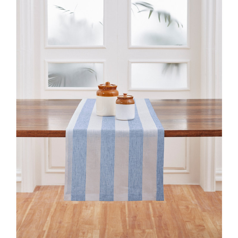 Cabana Stripe - 100% Pure Linen Table Runner, 60" x 14", Sky Blue/White