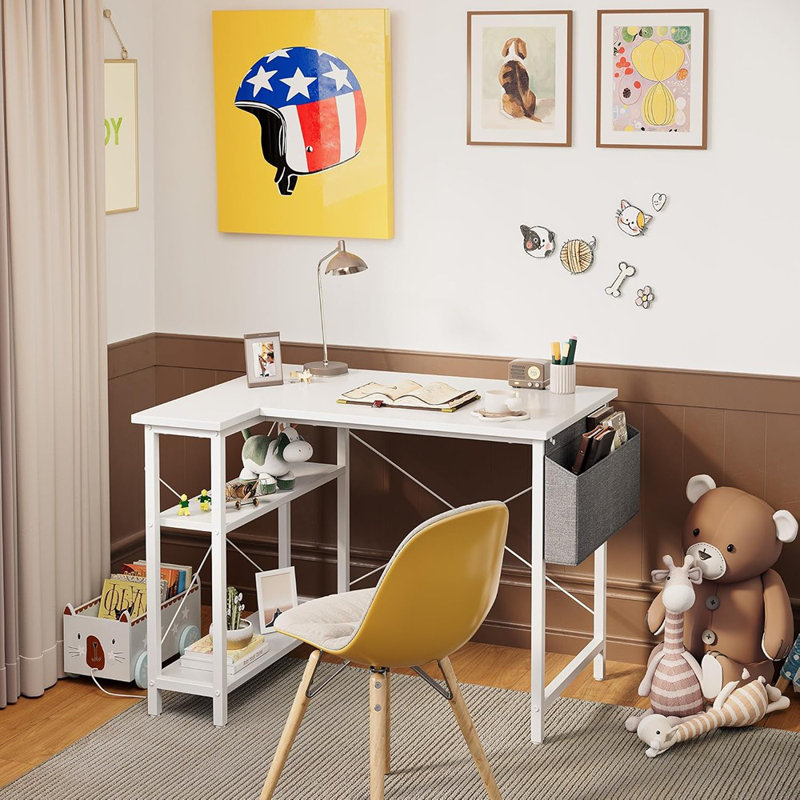 Bureau blanc en L pour bureau à domicile - Tablettes de rangement réversibles, poste de travail d'ordinateur en coin, table d'étude et de jeu