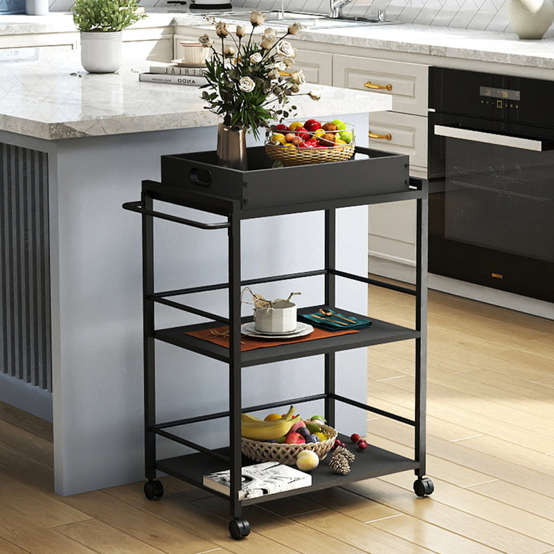3-Tier Rolling Bar Cart with Detachable Serving Tray, Mobile Kitchen Storage Cart for Tea, Coffee & Liquor, Black