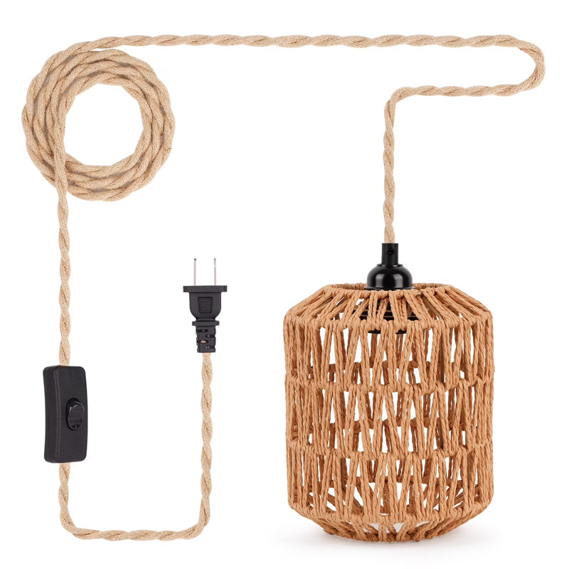 Luminaire suspendu 1 lumière 15 pi en rotin naturel avec corde de chanvre pour salon de campagne 15 pi