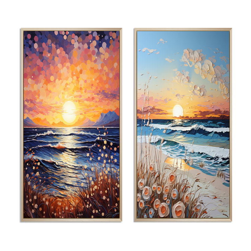 «Beach Sunkissed Sands Pointillism», 2 pièces sur toile, Encadrement brun, H 32 po x l 32 po