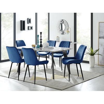 Anders Modern High Gloss Marble Effect Dining Table Set with 6 Luxury Velvet Dining Chairs