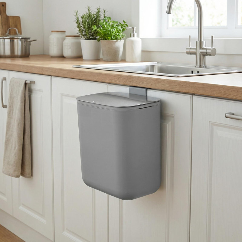 Poubelle suspendue de 1,8 à 2,4 gallons avec couvercle en acier inoxydable pour la cuisine, Gris, 2,4 gallons