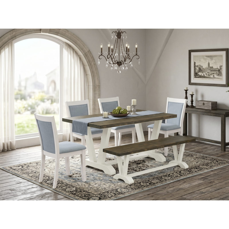 6-pc dining set includes a distressed Jacobean wooden table and a dining bench and 4 baby blue linen fabric kitchen chairs with high back-wire brushed linen white.