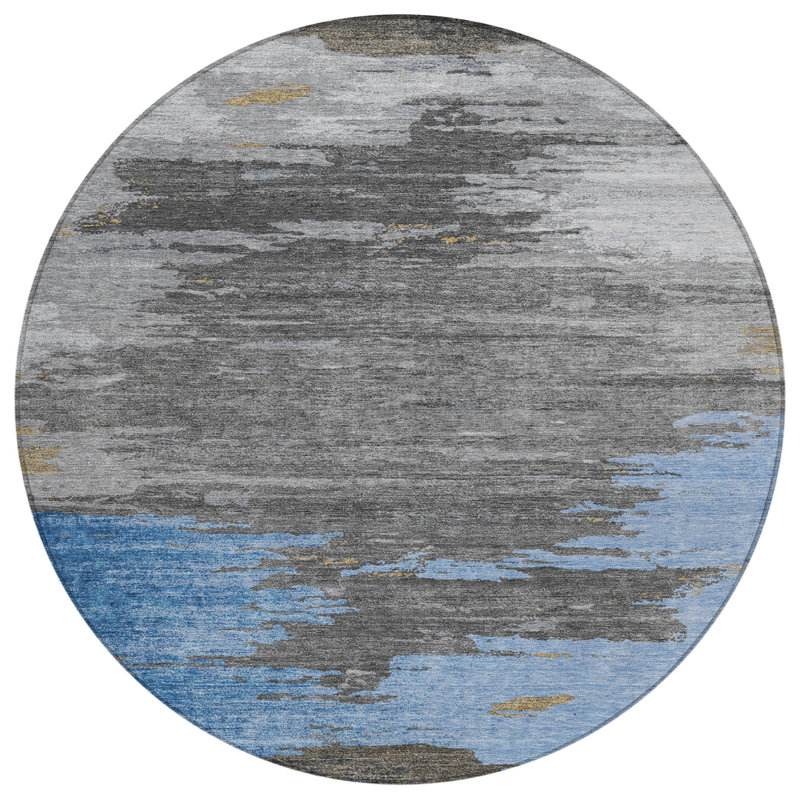 Machine Washable Indoor/Outdoor Xhevrie Denim Rug, Round 8'