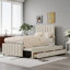 Lit plateforme tapissier en lin beige, lit simple avec lit gigogne et 3 tiroirs de rangement-1023909284-1023909286
